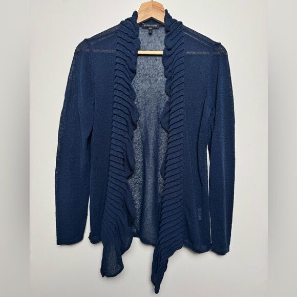 Eileen Fisher Navy Blue Linen Blend Cardigan Sweater Small S knitted ruffles - Picture 6 of 14